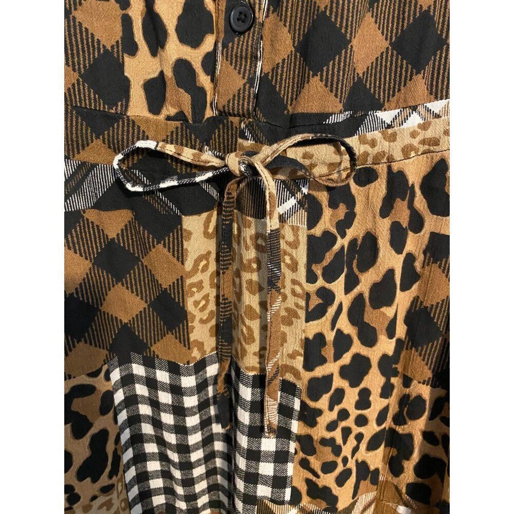 Cato Women’s M Tunic Dress Patchwork Plaid & Leopard Print Frayed Hem Boho Artsy - Picture 12 of 14